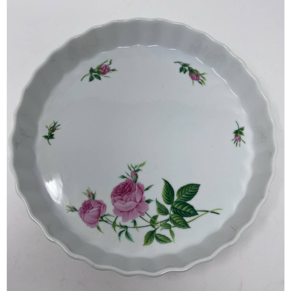Christineholm Vintage‎ Porcelain Rose Fluted Quiche Tart Dish Bakeware 1 1/2" T